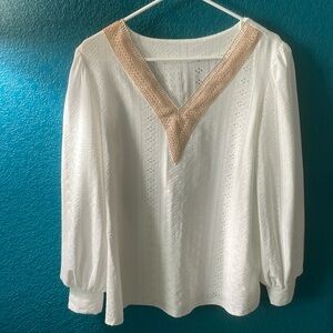 Flowy white top with gold details, size large, NWOT